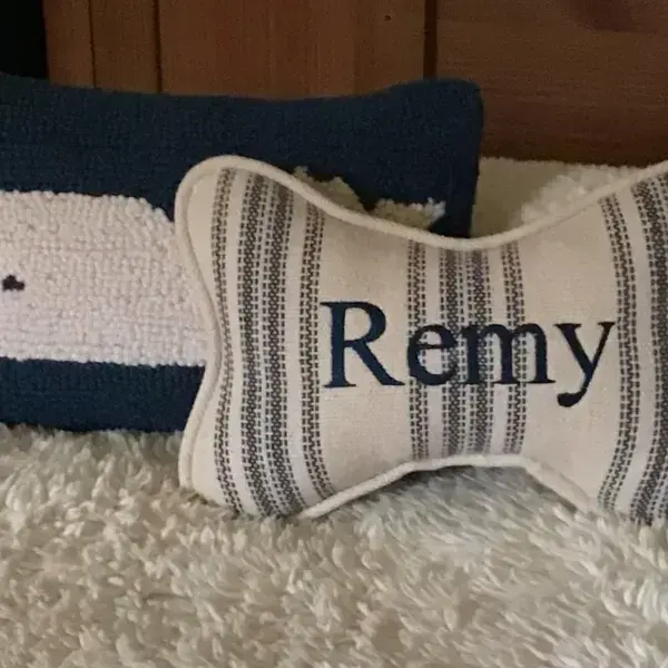A customer's Bone Pillow: Custom Small Grain Sack Blue Multi Stripe Bone Pillow for Remy