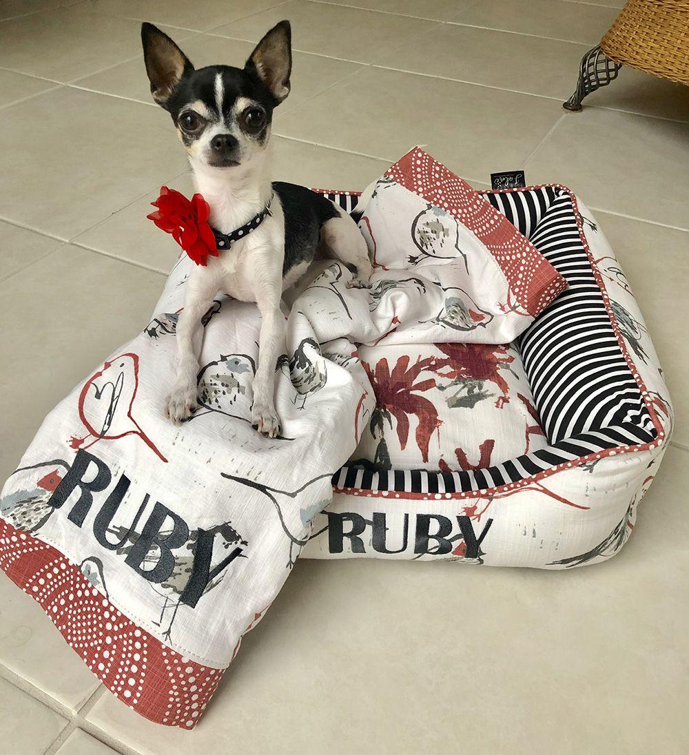 Ruby, a chihuahua with a red bow, on her red and white Cuddle Bed embroidered with her name