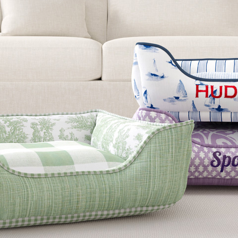 Cuddle dog bed in a custom blue and white stripe fabric