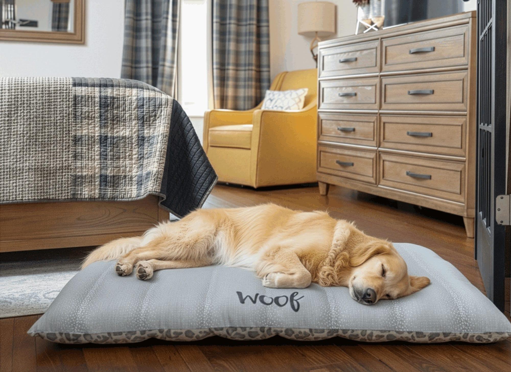 Golden retriever asleep on a gray pillow bed embroidered Woof