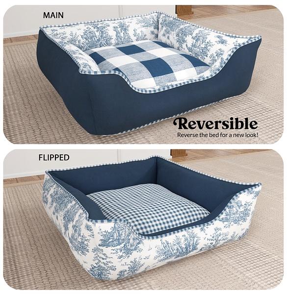 The same bolster bed shown main side up and flipped, demonstrating its reversible cover