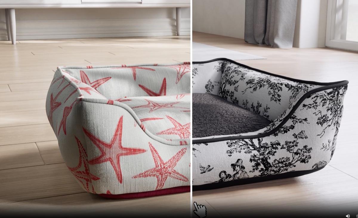Two custom bolster beds side by side, one in a red starfish print and one in black toile