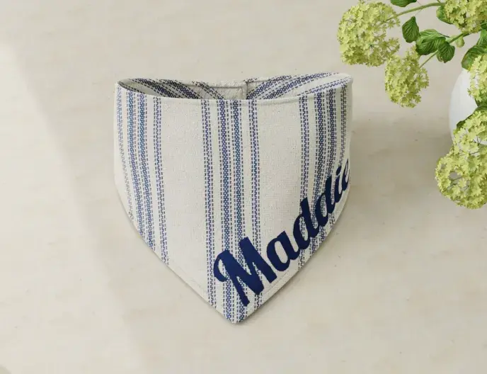 A navy ticking-stripe bandana embroidered Maddie
