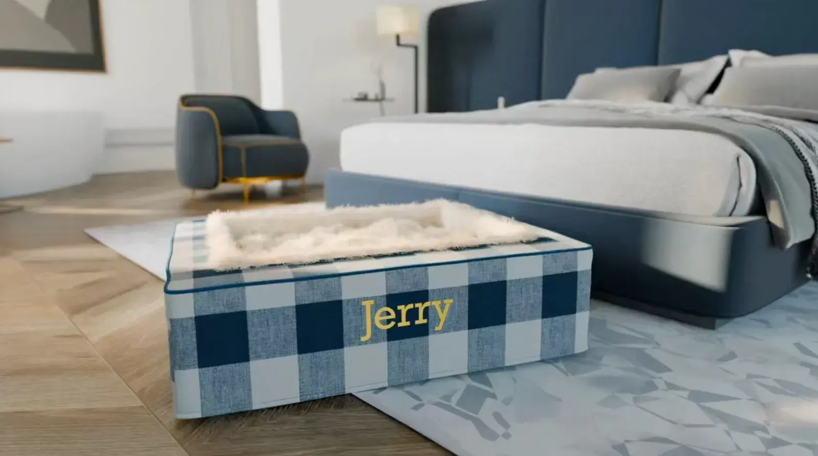 A Throne Bed in navy buffalo check with white fur, embroidered Jerry, in a bedroom