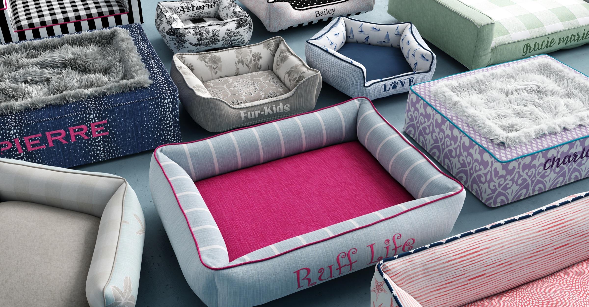 Custom bolster dog beds in coordinating fabrics
