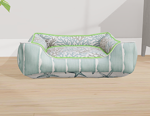 Mint and white coastal bolster dog bed with a starfish print