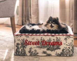 small toile dog bed white black red