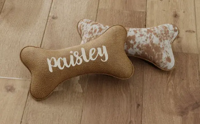 Two bone pillows, one tan embroidered Paisley and one in a cowhide print