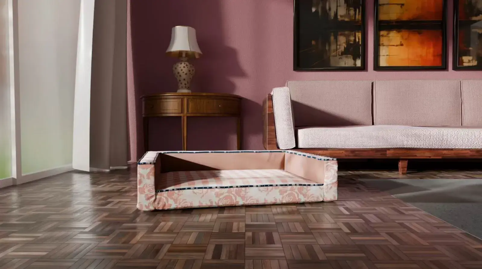 An Edgy Bed in pink rose and gingham fabrics in a plum living room