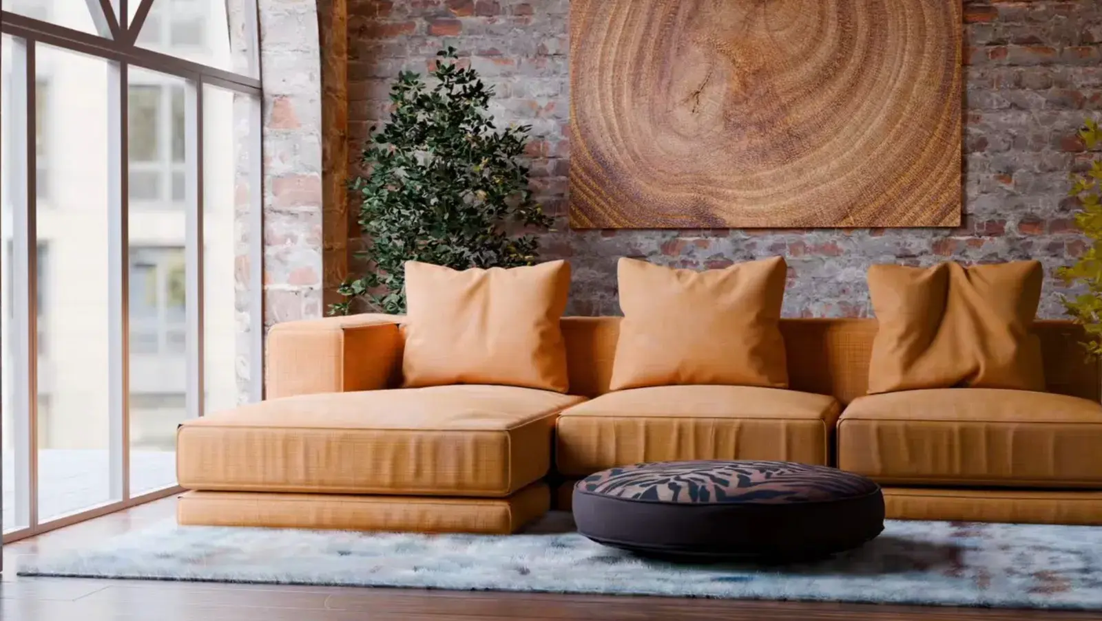 A Round Bed in a zebra print on a rug in a brick loft