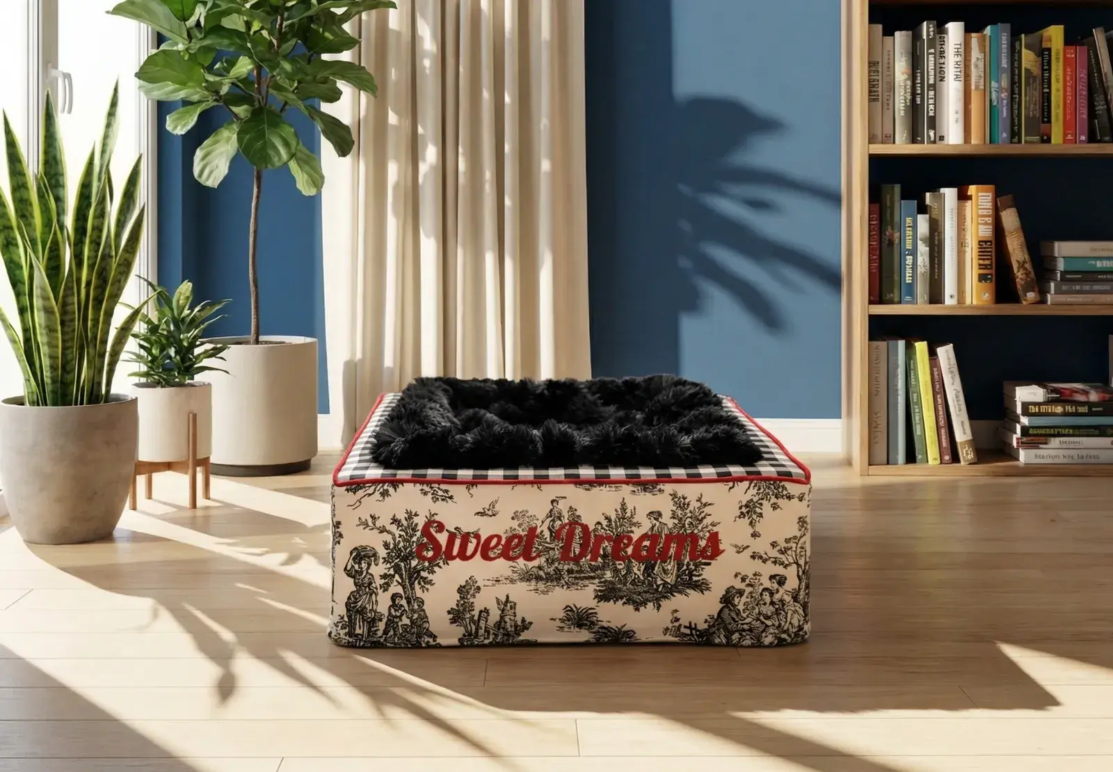 A Throne Bed in black toile with black silky fur, embroidered Sweet Dreams, in a sunlit room
