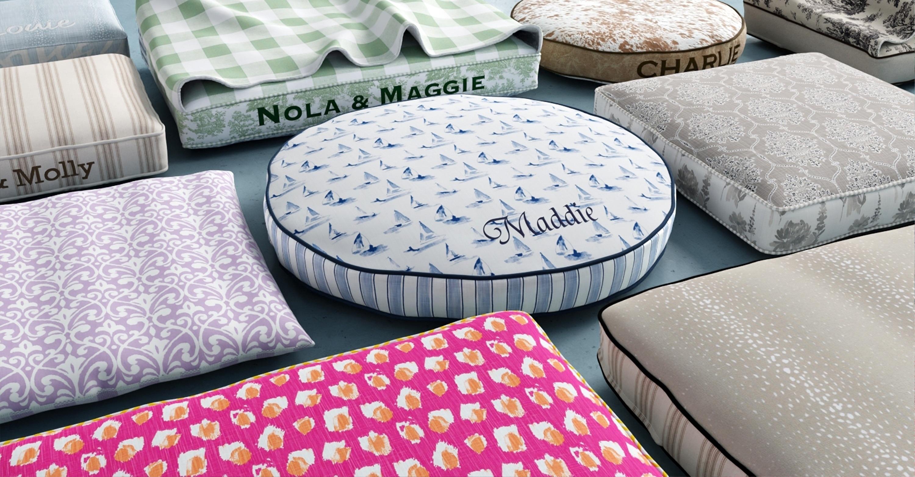 Custom cushion dog beds in assorted fabrics