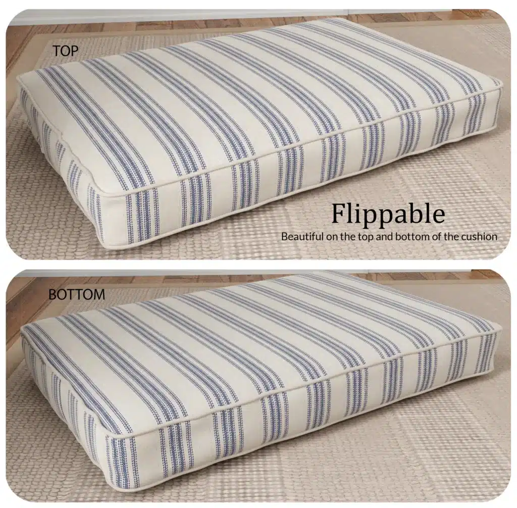 flippable dog bed cushion with feed sack fabric