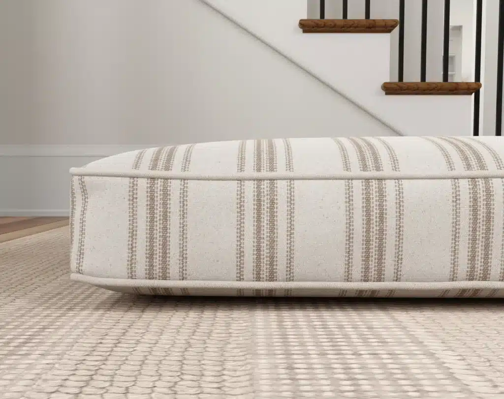 tan multi stripe dog bed cushion up close