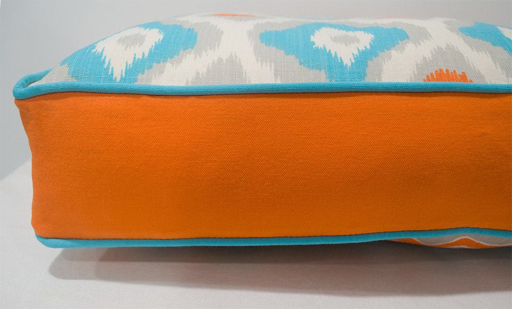 small retro cushion dog bed orange turquoise grey up close min