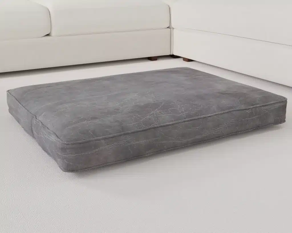 faux leather dog bed cushion in distressed grey angle