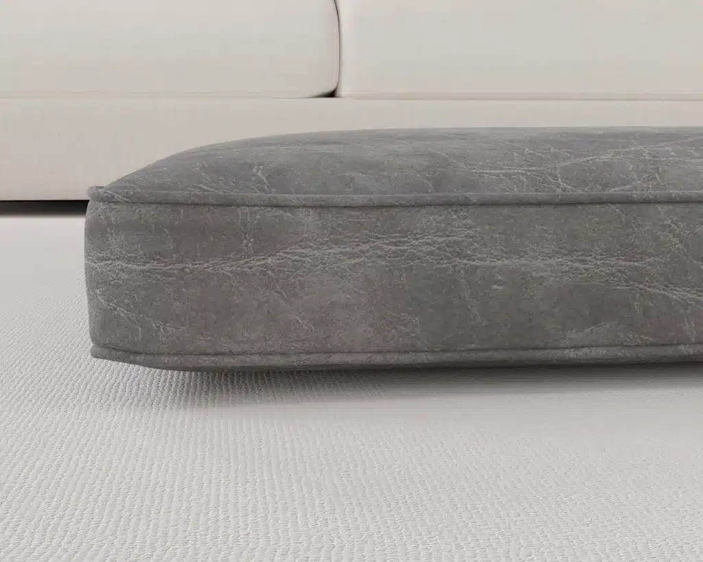 faux leather dog bed cushion in distressed grey up close