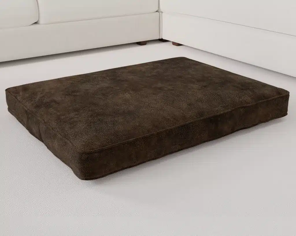 full grain faux leather chestnut brown dog bed cushion angle