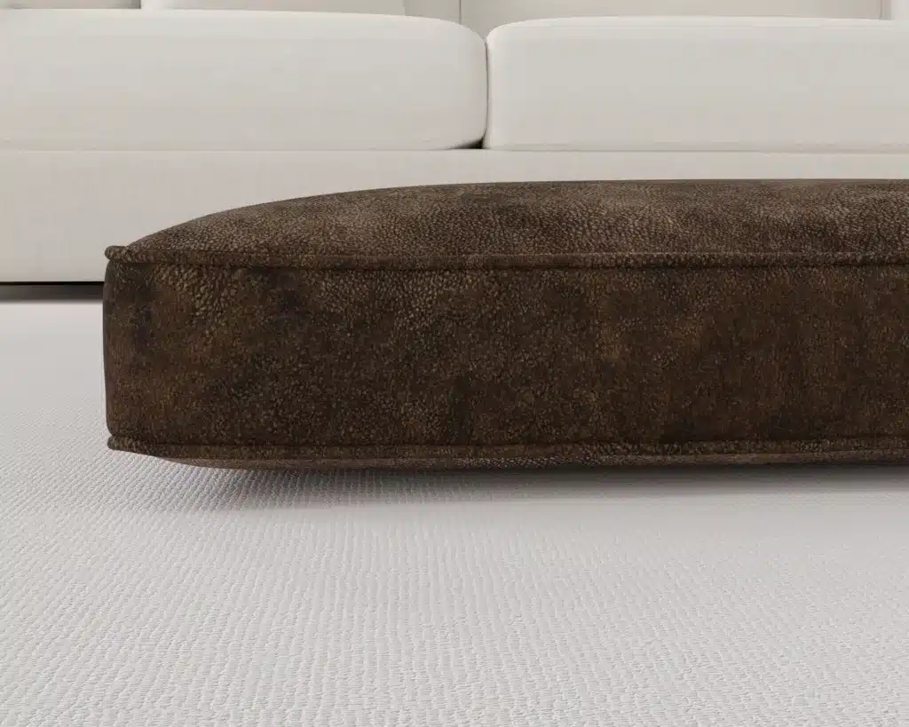 full grain faux leather chestnut brown dog bed cushion up close