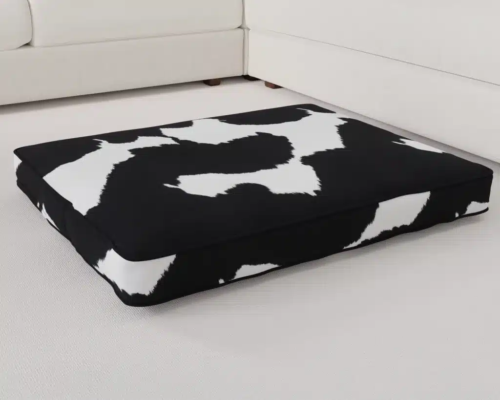 Black and White Designer Dog Bed Cushion with Faux Cowhide angle