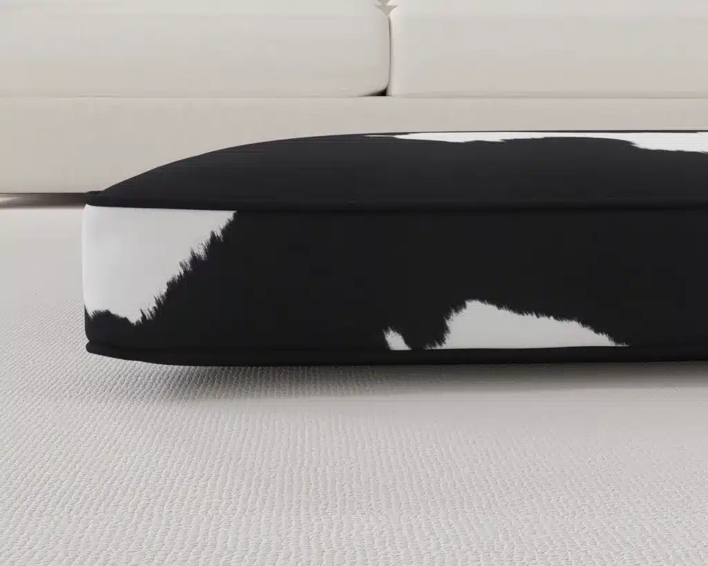 Black and White Designer Dog Bed Cushion with Faux Cowhide up close