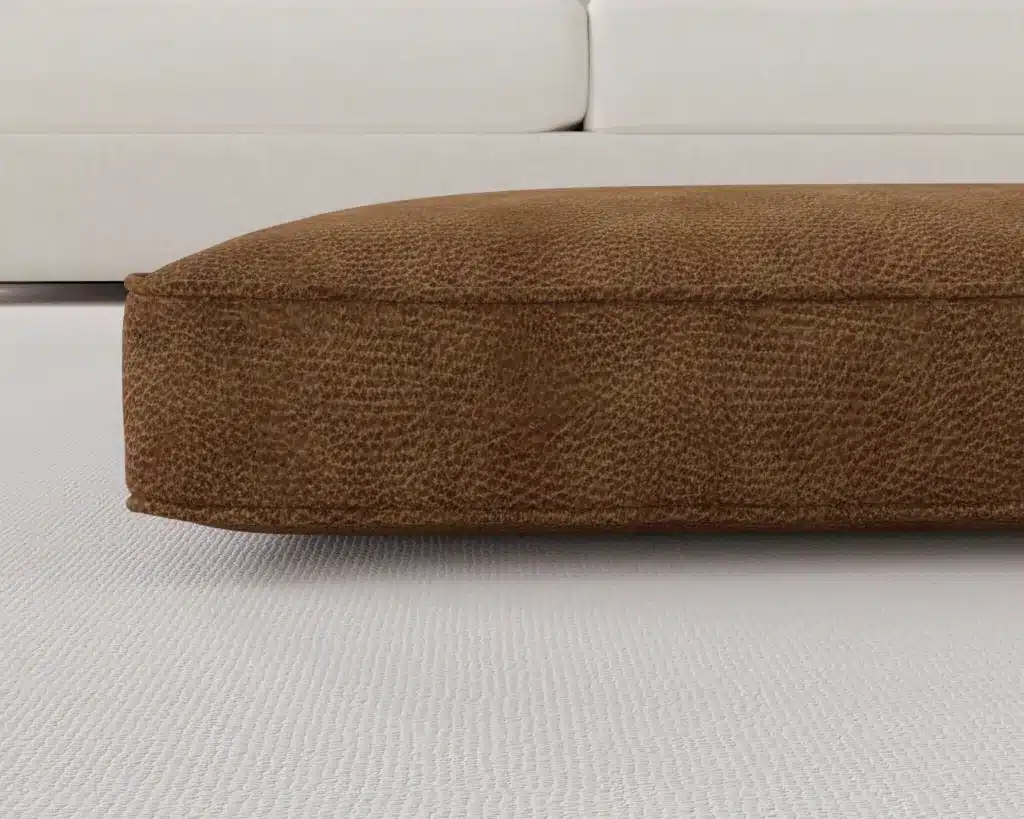 Brown Faux Leather Dog Bed with soft velvety texture up close