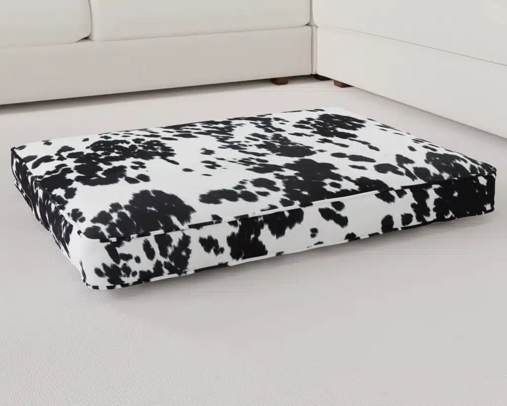 black and white faux cowhide dog bed cushion