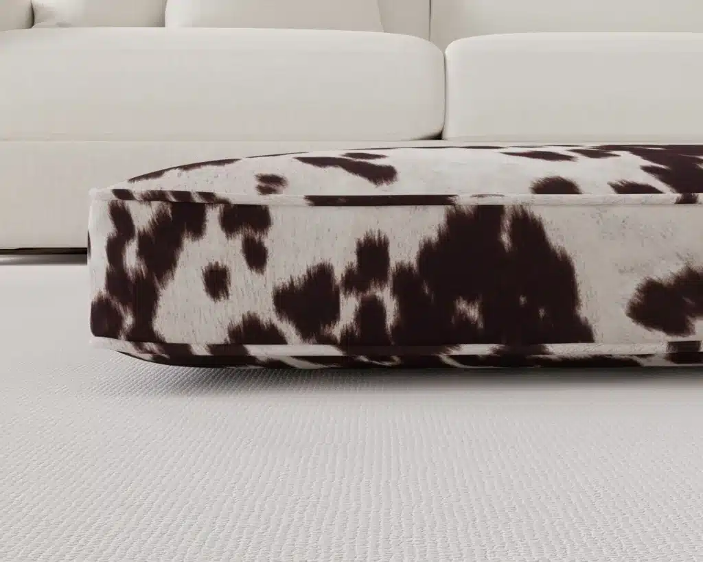 Brown and Natural Faux Cowhide Dog Bed up close