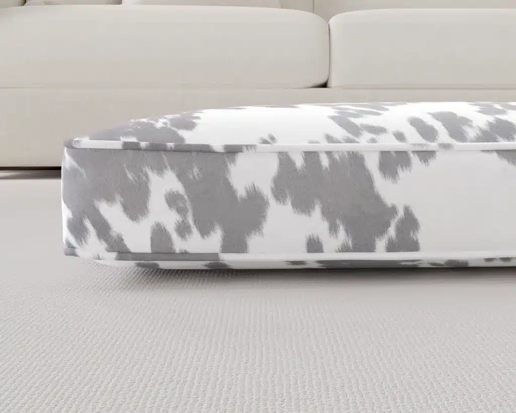 Western Faux Cowhide Dog Bed in Grey and white up close