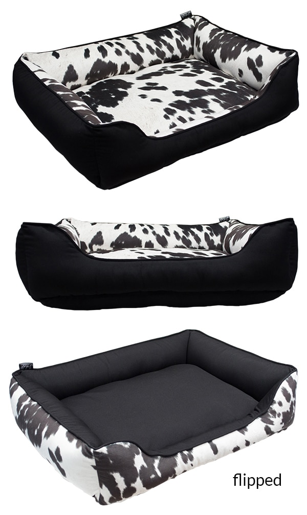 black white faux cowhide dog bed, western home decor