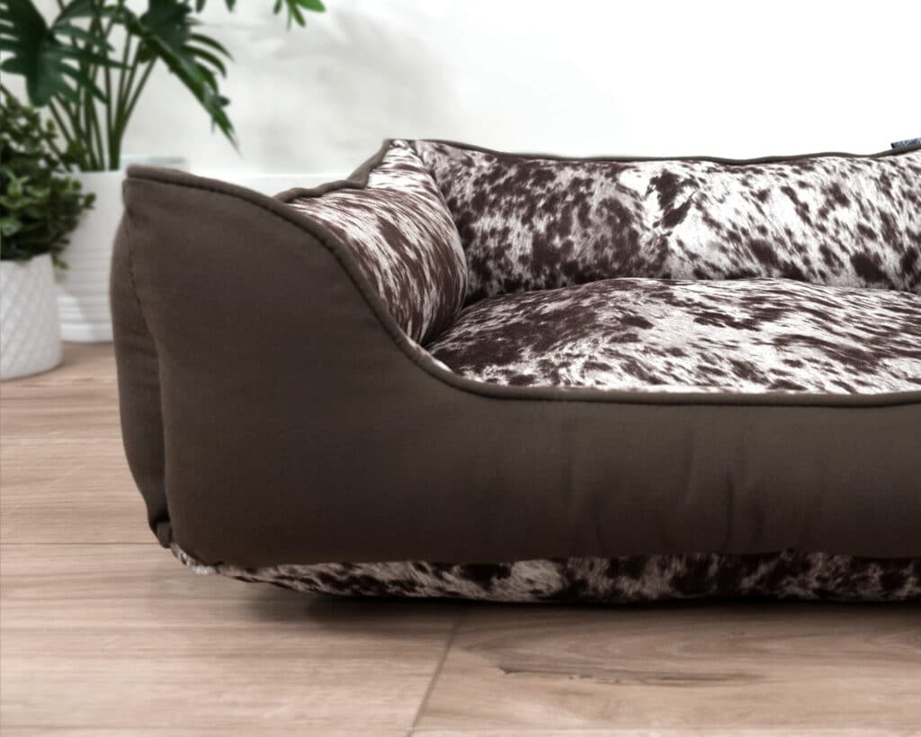 brown faux cowhide speckled dog bed