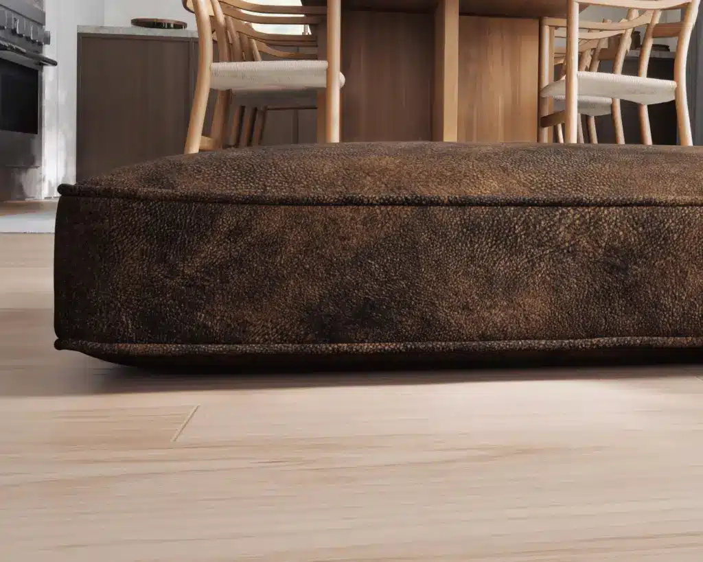 chestnut faux leather dog bed up close