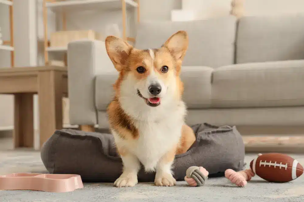 Cute,Corgi,Dog,In,Pet,Bed,With,Toys,And,Feeding