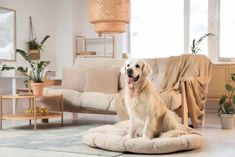 Adorable,Labrador,Dog,Sitting,On,Pet,Bed,At,Home