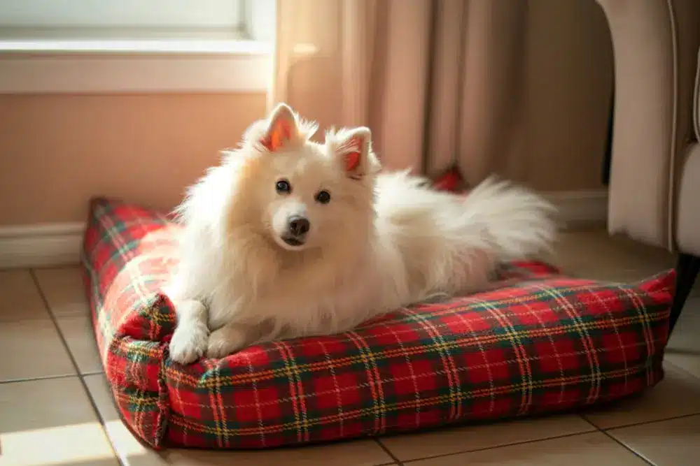 A,Beautiful,White,Dog,With,Fluffy,Fur,Rests,Comfortably,On